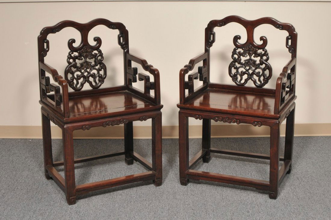 Pair of 19th century Chinese carved hardwood armchairs, (1 of 6)