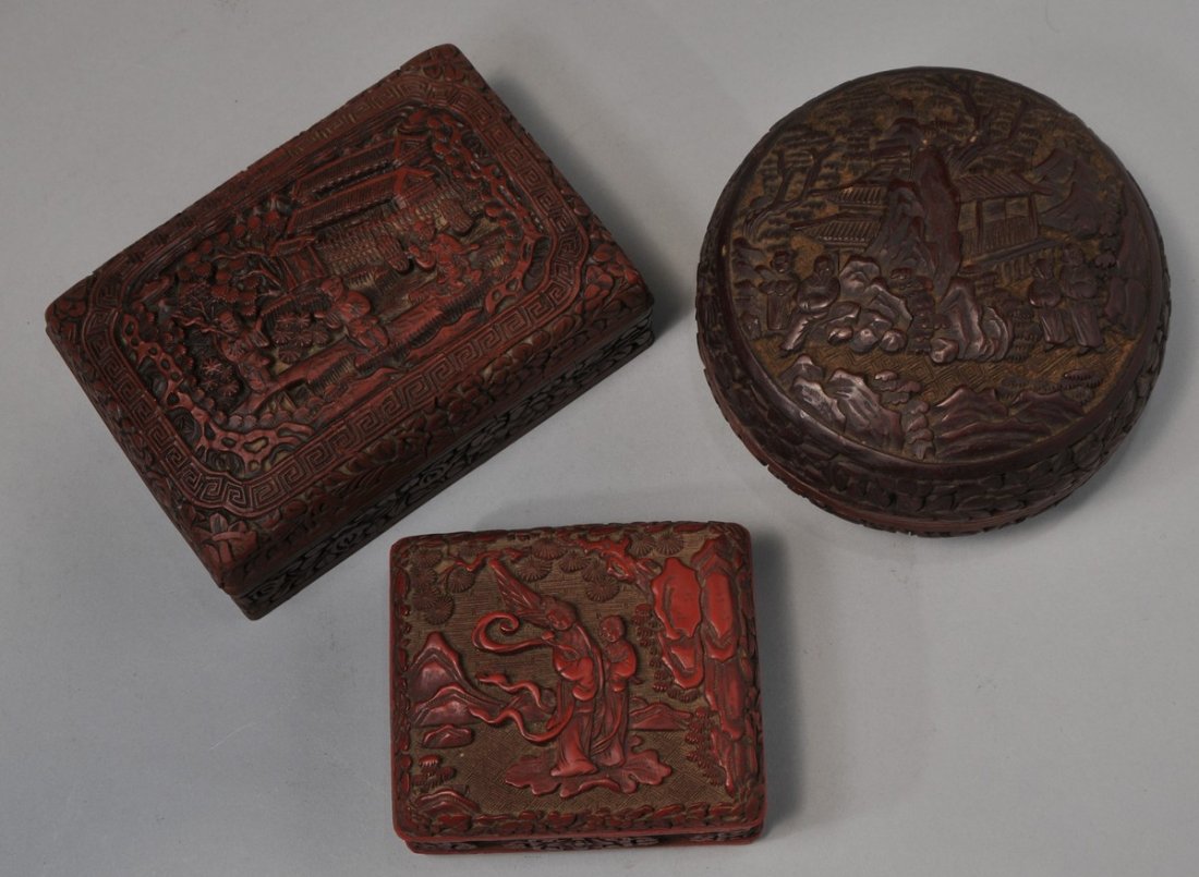 Lot of three Chinese cinnebar Lacquered boxes.  China. (1 of 5)