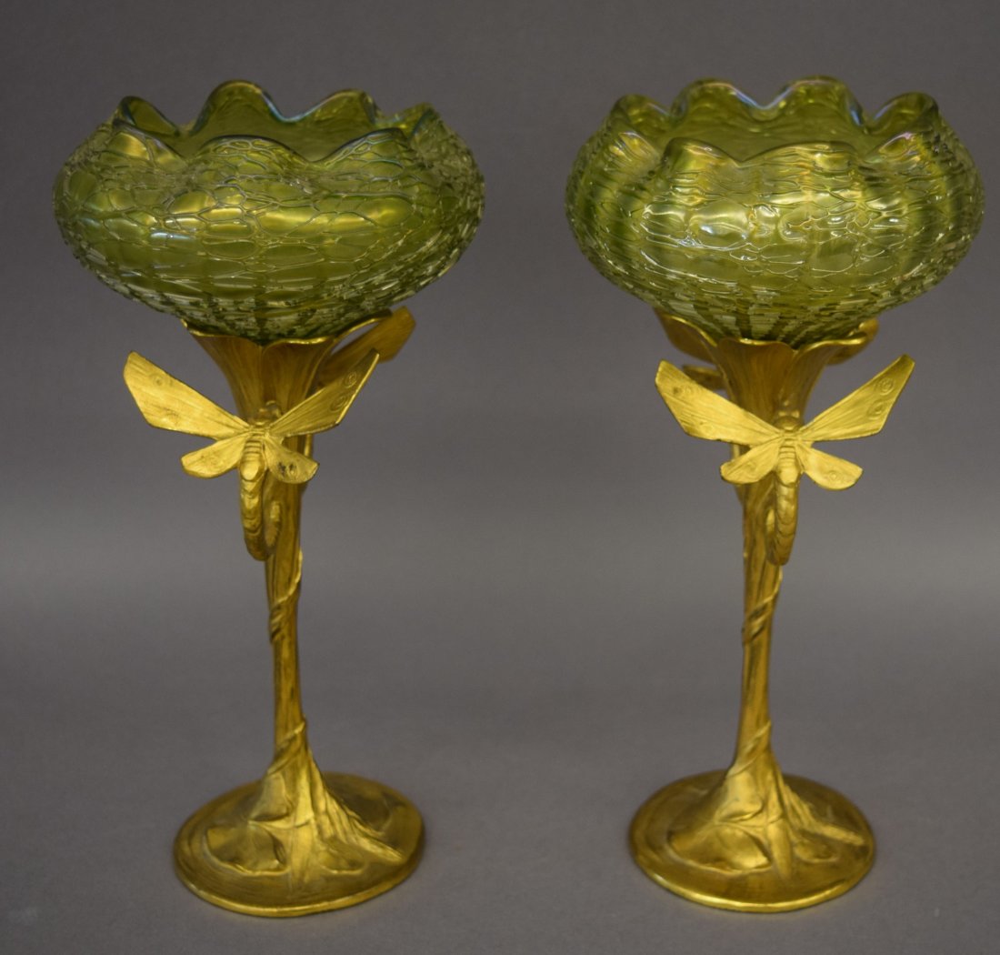 Pair of Art Nouveau gilt metal mounted threaded green (1 of 8)