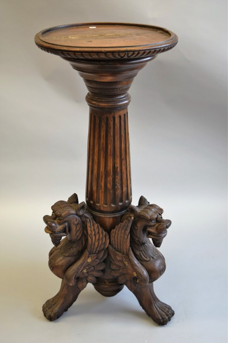 Antique Italian carved wood pedestal with three lion (1 of 10)