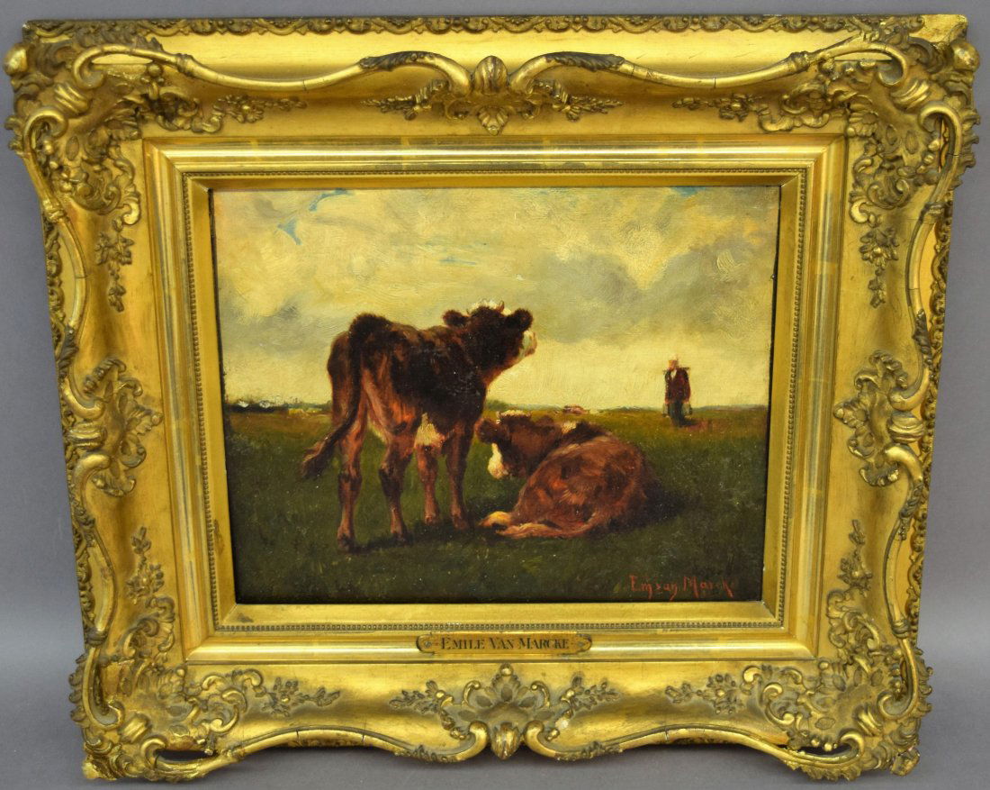 Emile Van Marke landscape painting on panel of cows and (1 of 8)