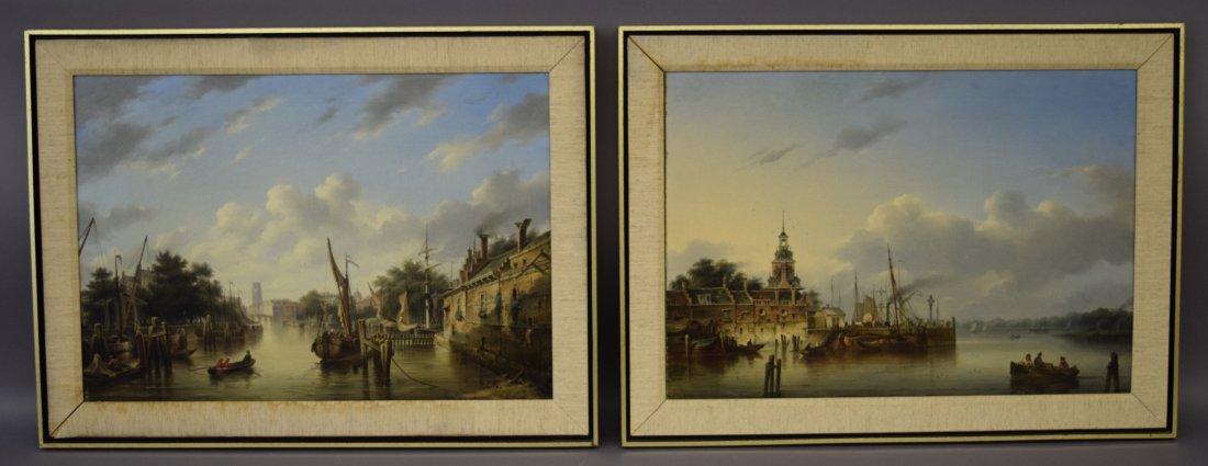 Geradus Hendriks. Pair of busy canal scene landscapes (1 of 10)