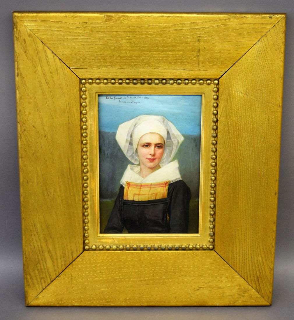 Constant Mayer. Painting on panel ofa Breton girl.: Constant Mayer. Painting on panel ofa Breton girl. Inscribed- "To his friend Mrs. H. W. Johnson". Signed upper right. In original gilt oak frame. Sight size- 10" x 7". Overall size 19-1/4" x 16-1/2".