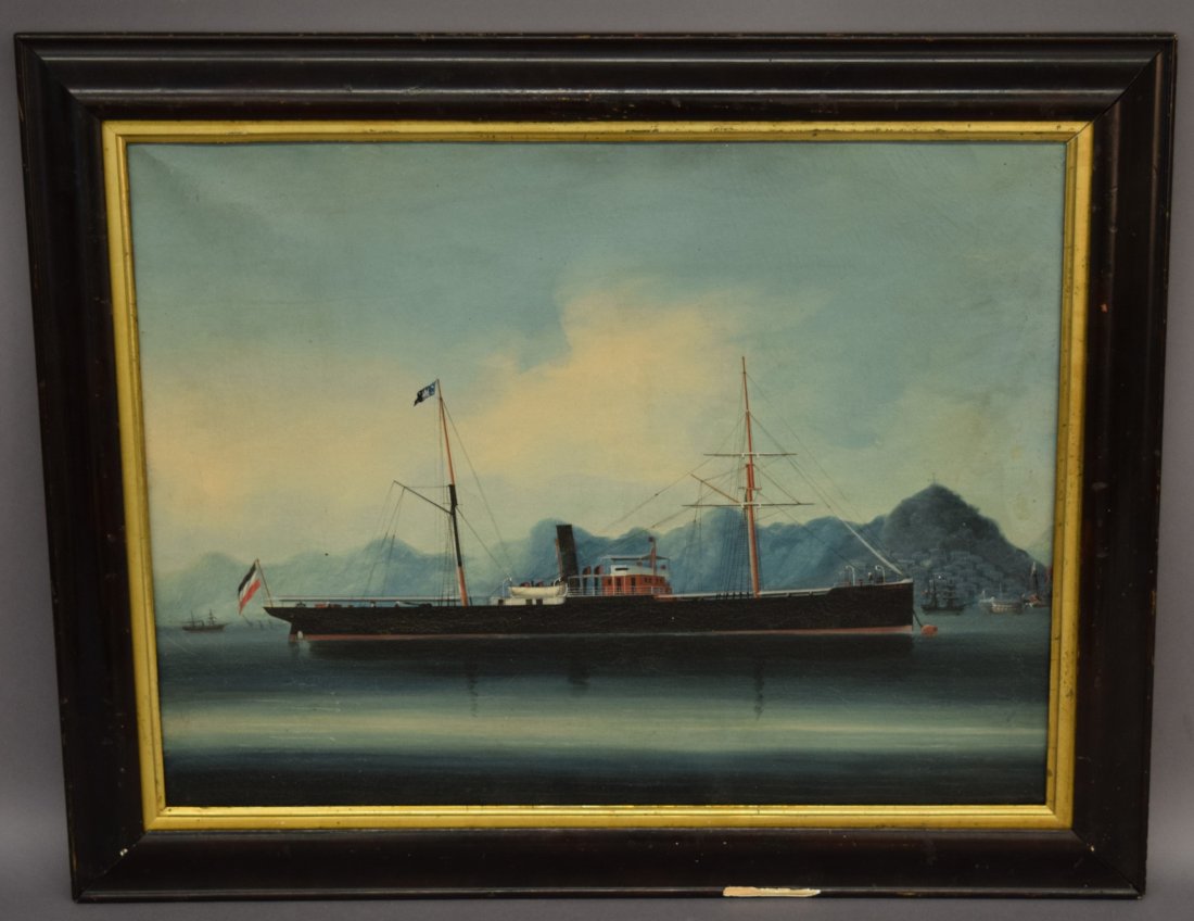 19th century China Trade Ship painting on canvas. (1 of 9)