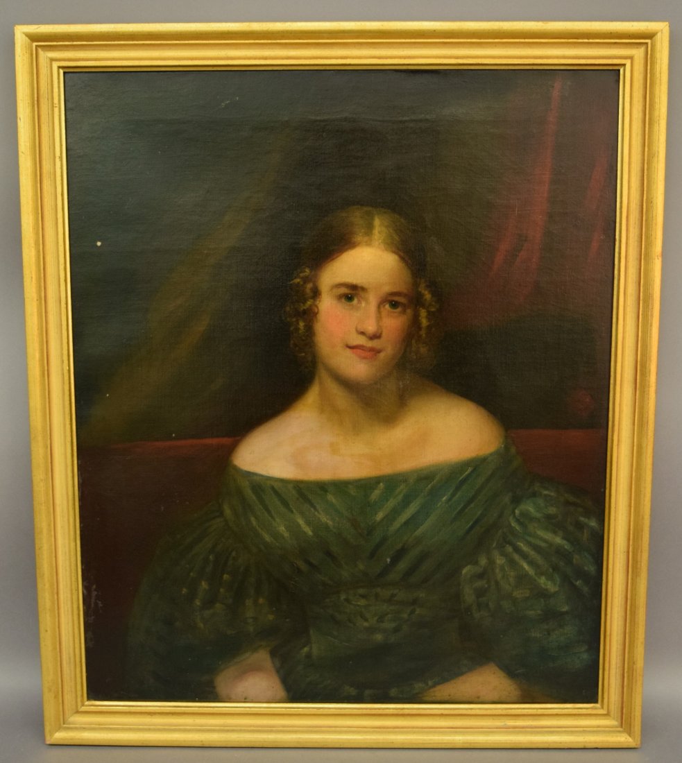19th century American Classical portrait of a woman in: 19th century American Classical portrait of a woman in green dress in the manner of Thomas Sully. Circa 1830. Oil on canvas. Old reline. Paint loss and lifting along some edges. Scattered in-paint in