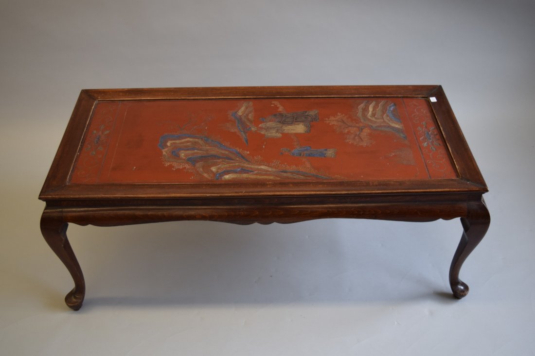 Queen Ann style coffee table mounted with an antique: Queen Ann style coffee table mounted with an antique Chinese red lacquer carved panel as top. 43-1/4" l. x 19-3/4" w. x 16-1/2" h.
