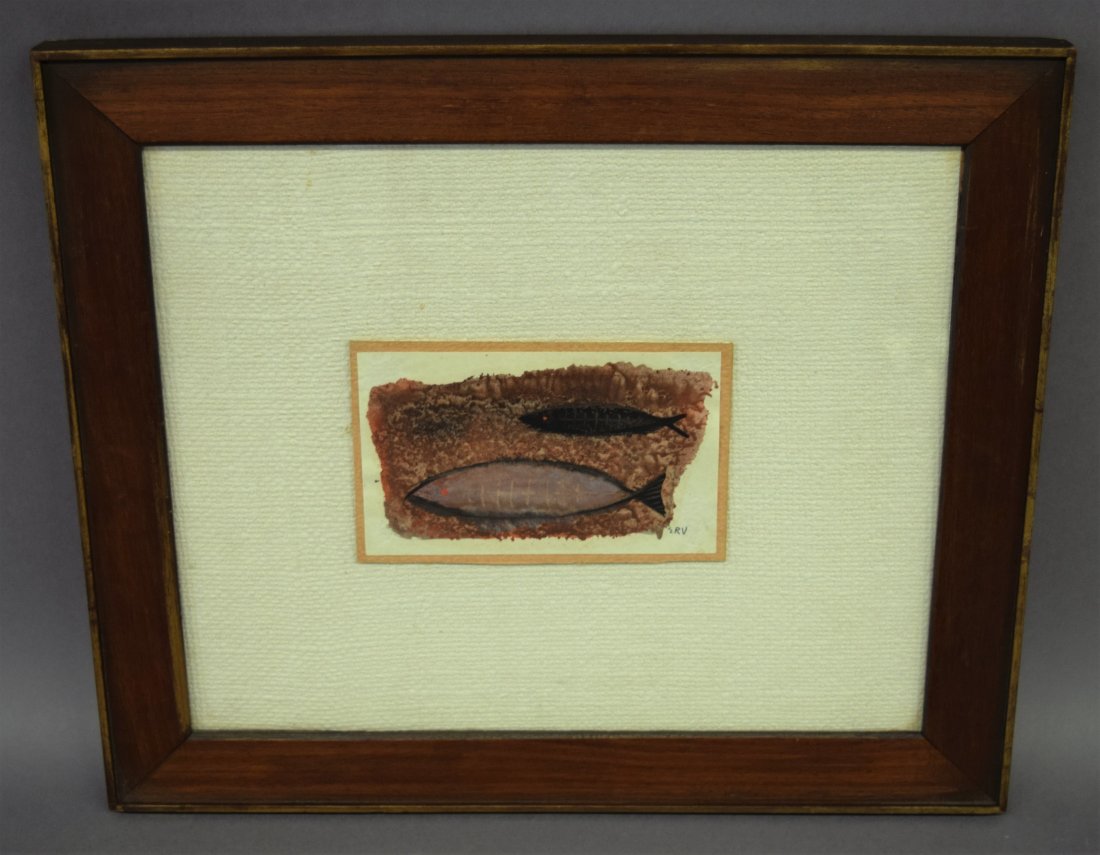 Eduardo Ramirez Villamizar. Small mixed media original: Eduardo Ramirez Villamizar. Small mixed media original painting of fish. Monogrammed lower right. Inscribed on reverse. Sight size- 5-1/4" x 3-1/4". Overall size- 12-1/2" x 14-1/2".