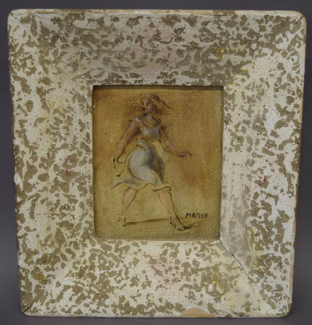 Reginald marsh. "Woman Walking". Monogrammed L.R. Oil: Reginald marsh. "Woman Walking". Monogrammed L.R. Oil on masonite. Titled on reverse. In original frame. Frame losses. Sight size- 5" x 4". Overall size- 9" x 8-1/4".