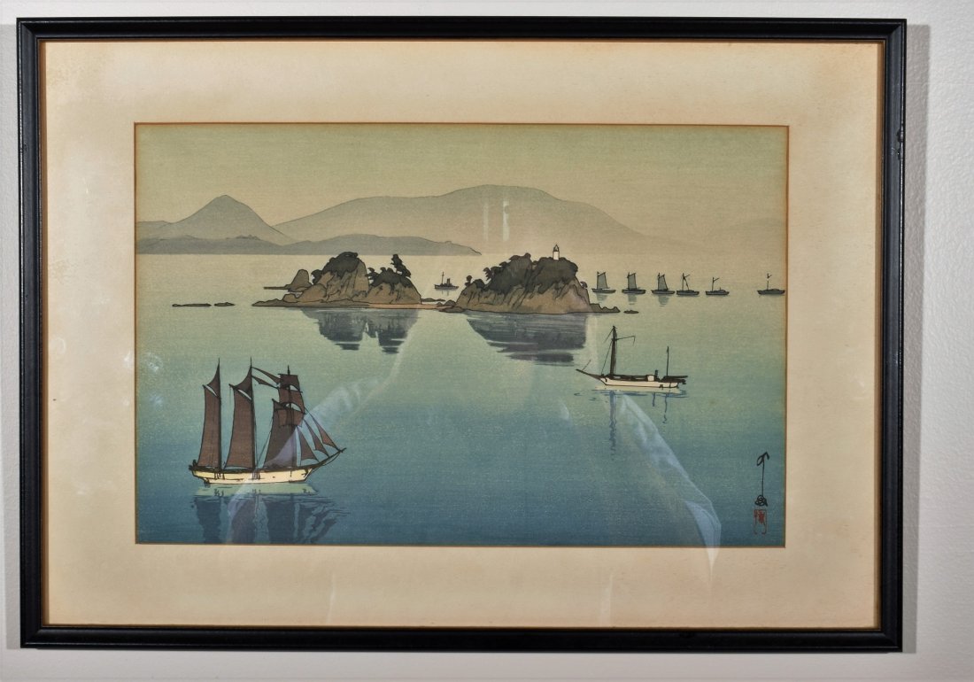 Hiroshi Yoshida. Woodblock Print. Boats in a Bay. (1 of 7)