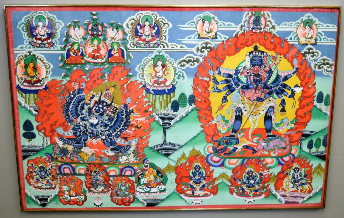 Thangka. Nepal. 20th century. Yama/Kalachakra Thangka.: Thangka. Yama/Kalachakra Thangka. Nepal. 20th century. Ink and colours on cloth. Unusual rectangular form. Figures of Yama and chakrasamvara side by side. 49" x 30". This item may have additional high