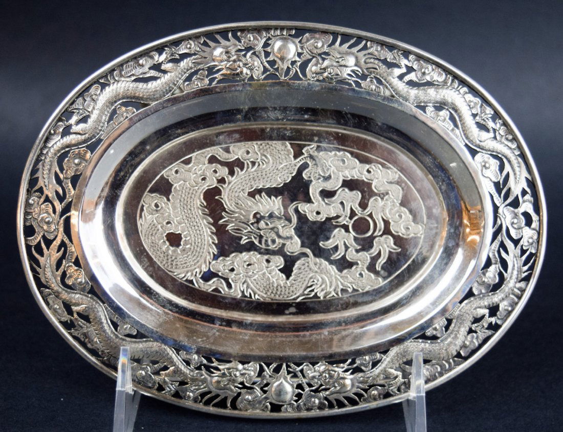 Chinese Export silver footed tray. 19th century. Oval (1 of 8)