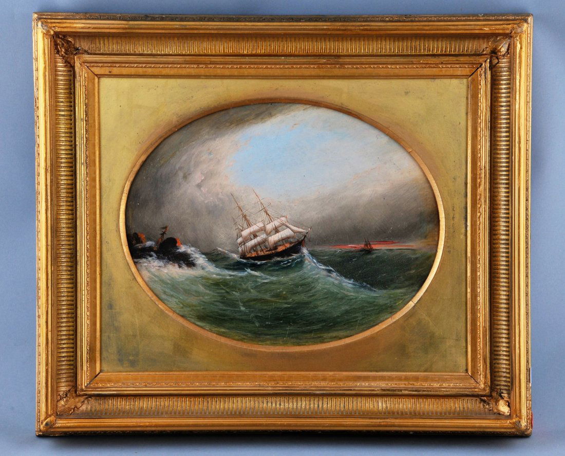 19th century American School Seascape painting with a: 19th century American School Seascape painting with a ship off shore. Attributed to Clement Drew. Oval format. Framed. Oil on board. Sight size: 10" x 13". Overall size: 17" x 20".