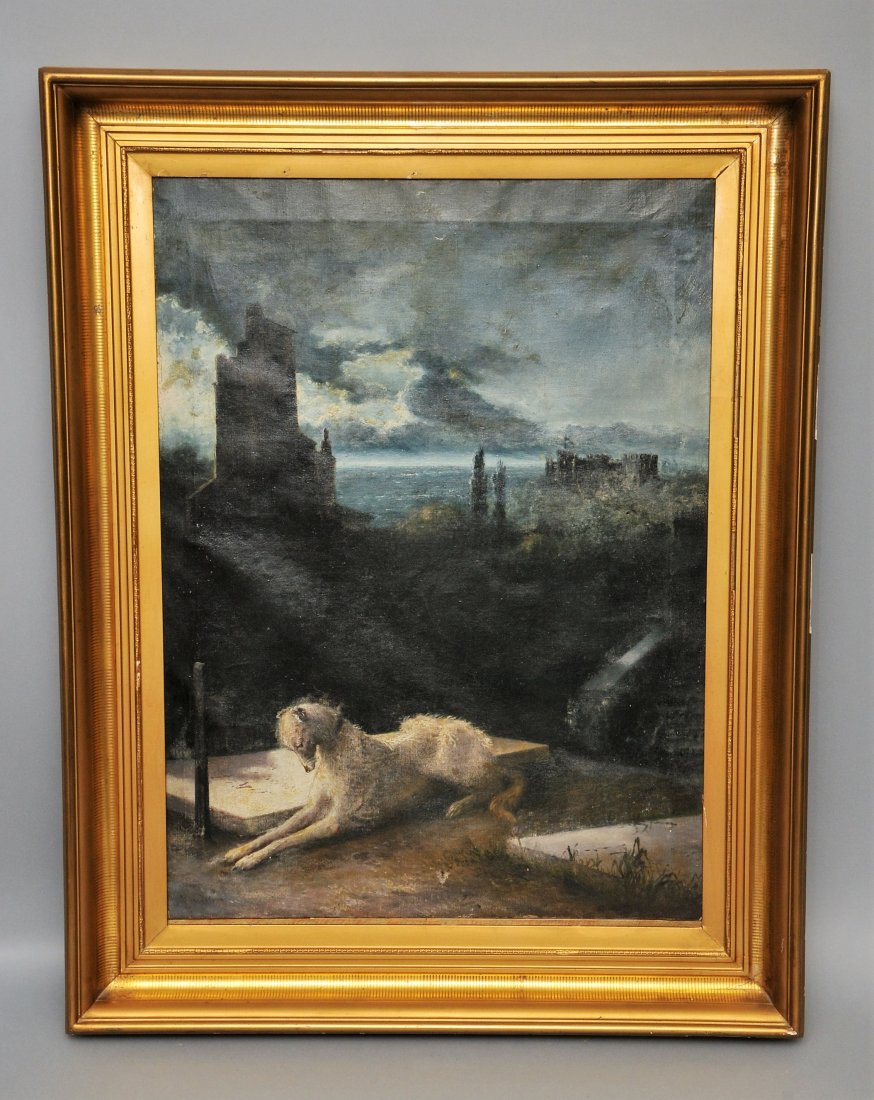 ? Dedreux. Landscape painting with castle ruins and: ? Dedreux. Landscape painting with castle ruins and reclining dog. Oil on canvas. S.L.L. Craquelure and skinned. Framed. Sight size: 34" x 25". Overall size: 43-1/2" x 33-1/2".