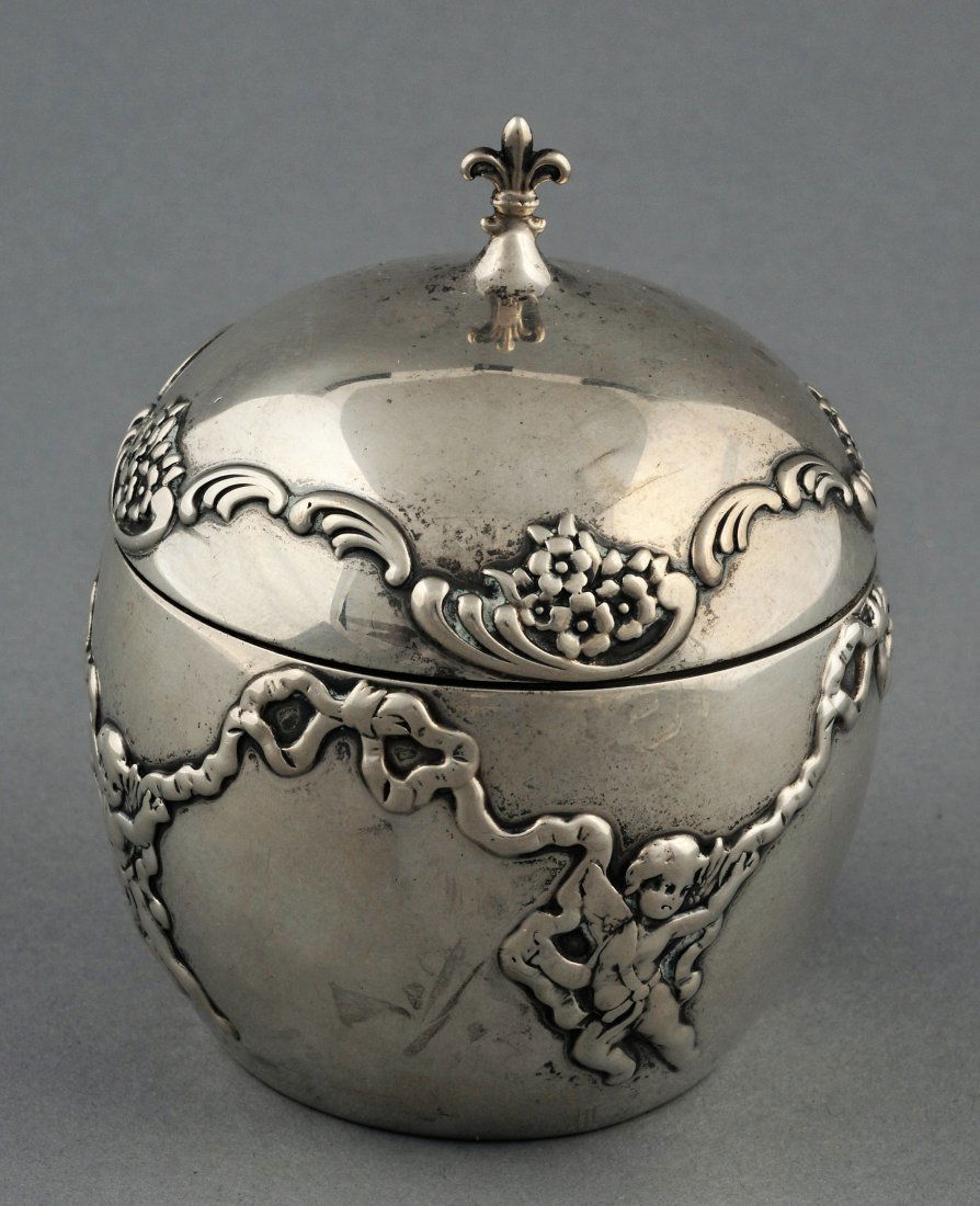 Sheibler Sterling Silver covered jar with raised cherub (1 of 10)