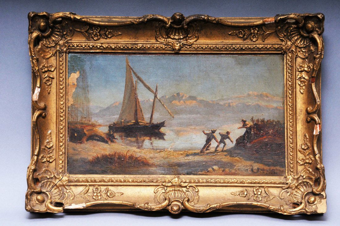 George Caleb Bingham. Mountain lake landscape with boat (1 of 8)