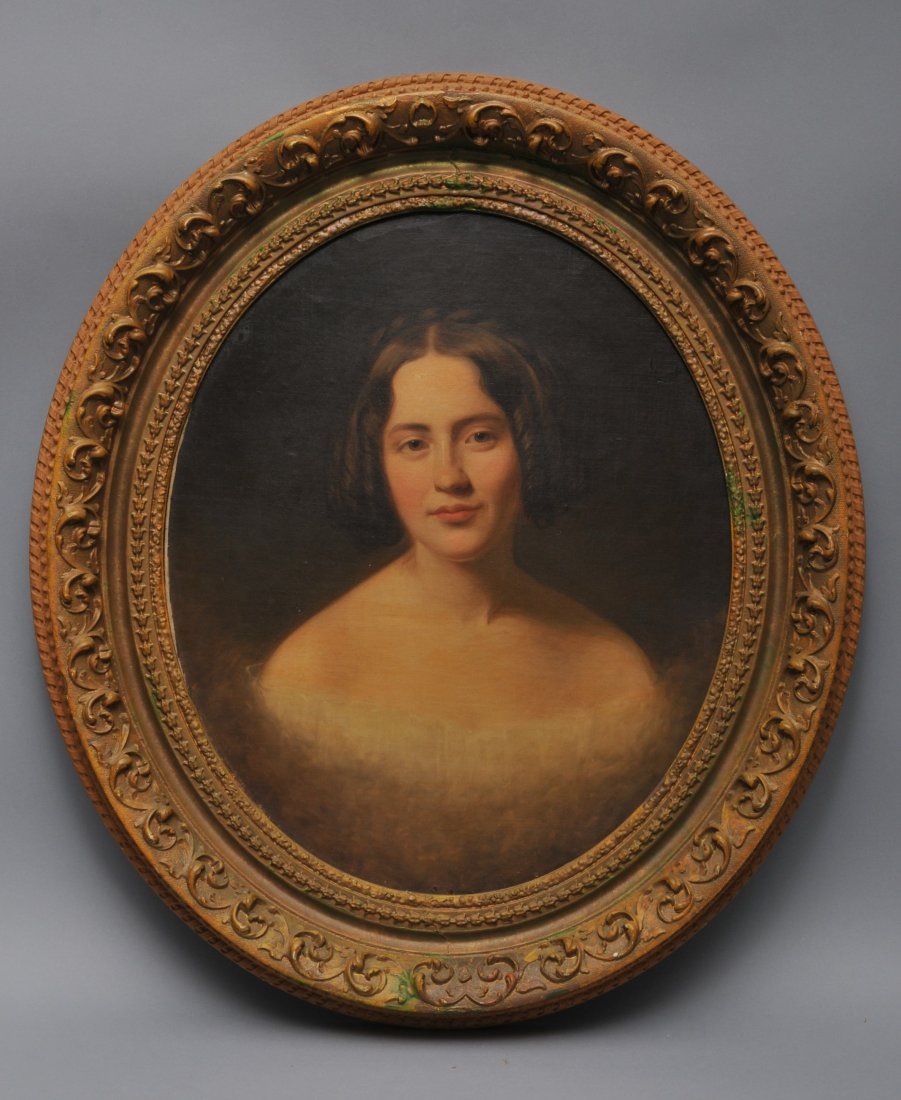 19th century American oval portrait of a woman in the: 19th century American oval portrait of a woman in the style of Thomas Sully. Oil on canvas, laid down on board. Framed. Sight size: 24" x 20". Overall size: 32" x 29".