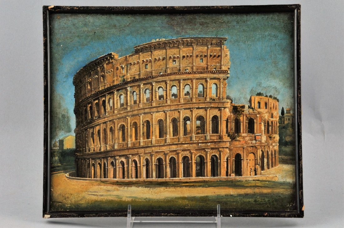 19th century Italian oil or tempera on board. "The: 19th century Italian oil or tempera on board. "The Coliseum". Framed. Craquelure. Overall size: 9" x 10-3/4".
