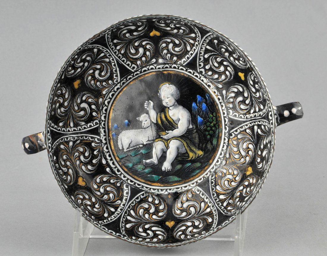 Early Continental enameled copper bowl with black (1 of 7)