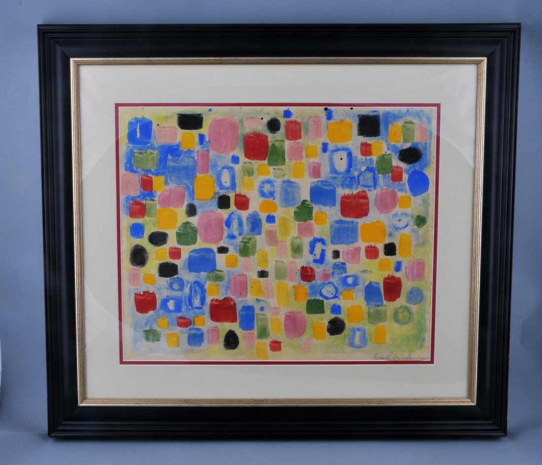Eve Clendenin. Mixed Media Abstract Geometric painting.: Eve Clendenin. Mixed Media Abstract Geometric painting. S.L.R. Framed. Sight size: 13" x 16". Overall size: 22" x 25".