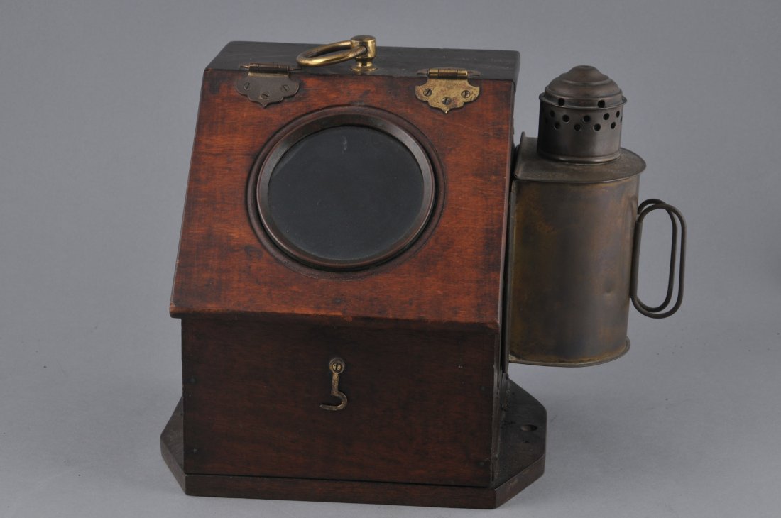 Mahogany cased Yacht Compass with original brass side: Mahogany cased Yacht Compass with original brass side lamp by S. Thaxter and Son, Boston. Having brass fittings, original double wick burner and intact spirit filled gimballed compass with corner mirr