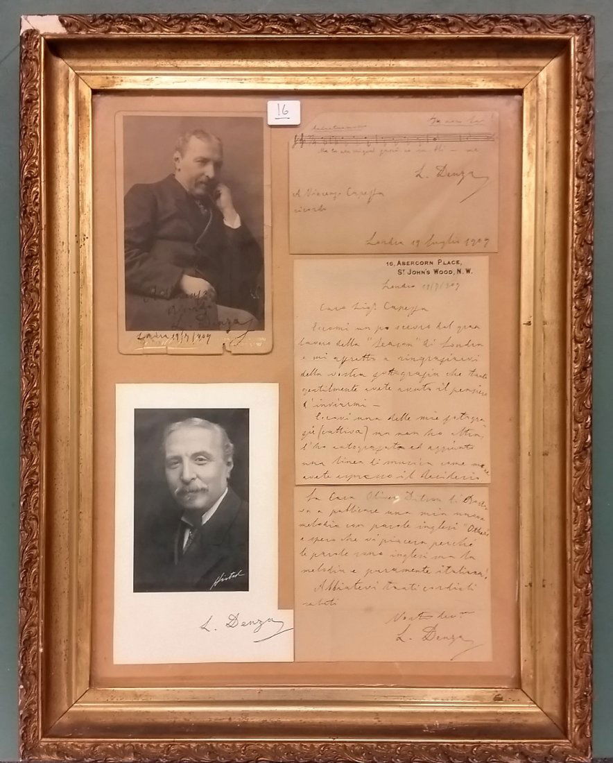 Luigi Denza framed collage. Four items. 1) Autographed (1 of 7)