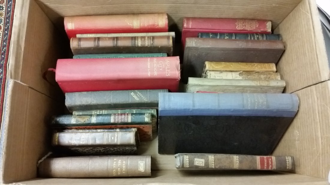 An assortment of 19th century Italian Operal books: An assortment of 19th century Italian Operal books including Tricoli by Ponziano, Guerraze by Pasquale Paoli, Carmine by Maggiore, etc. Approx. 30 pieces. Two boxes. Wear and Damage.