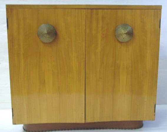 GILBERT ROHDE FOR HERMAN MILLER PALDAO SERVER - 2: GILBERT ROHDE FOR HERMAN MILLER PALDAO SERVER - 2 DOOR BLOND MAHOGANY WITH LEATHER TRIM - 33 X 29 1/2 X 14 - NEEDS VENEER RESTORATION