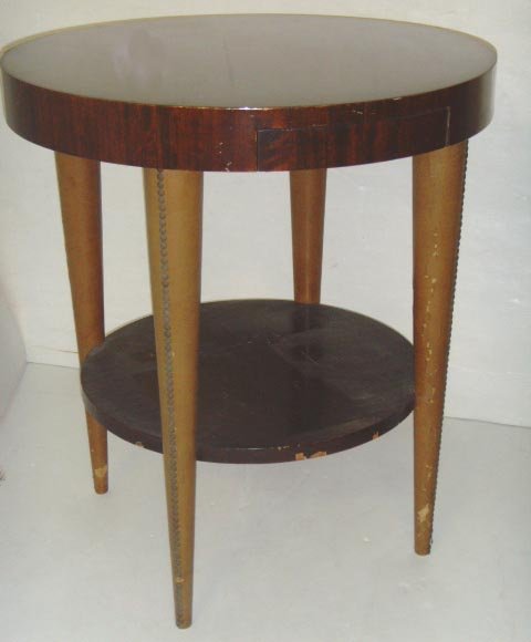 GILBERT ROHDE FOR HERMAN MILLER WALNUT SIDE TABLE: GILBERT ROHDE FOR HERMAN MILLER WALNUT SIDE TABLE - 1 DRAWER WITH LEATHER WRAPPED LEGS - 27 X 24 - NEEDING SOME RESTORATION