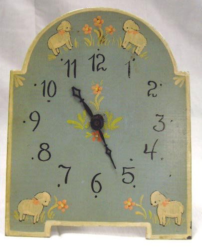 PAINTED METAL BABY CLOCK DECORATED WITH LAMBS 5 X: PAINTED METAL BABY CLOCK DECORATED WITH LAMBS 5 X 4