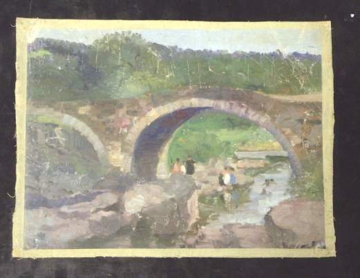 IMPRESSIONIST OIL PAINTING - FIGURES UNDER BRIDGE 