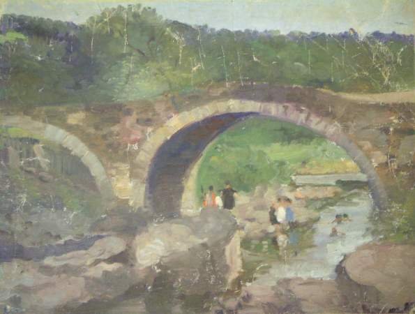 IMPRESSIONIST OIL PAINTING - FIGURES UNDER BRIDGE  - 2