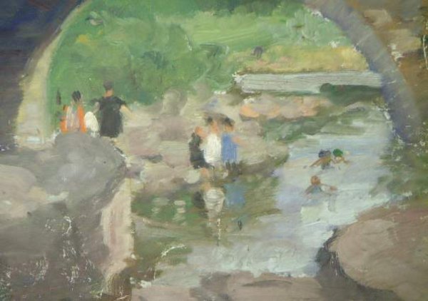 IMPRESSIONIST OIL PAINTING - FIGURES UNDER BRIDGE  - 3