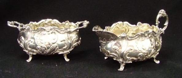 GERMAN SILVER OPEN SUGAR AND CREAMER FOOTED EARLY