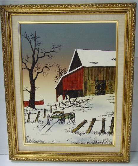 604 H Hargrove Signed Oil Painting Winter Farn Scen Jun 22