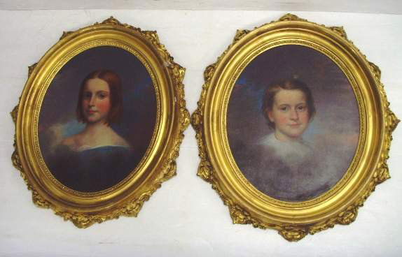 PAIR EARLY MASSACHUSETTS CHILD PORTRAIT OIL PAINTI: PAIR EARLY MASSACHUSETTS CHILD PORTRAIT OIL PAINTINGS ON CANVAS UNSIGNED - 21 X 16 3/4 - HAND WRITTEN VERSO MARY & JOHN RUGGLES AGE 12 GRANDCHILD GOV. HANCOCK - RETAINING ORIGINAL CARVED GILT WOOD FRA