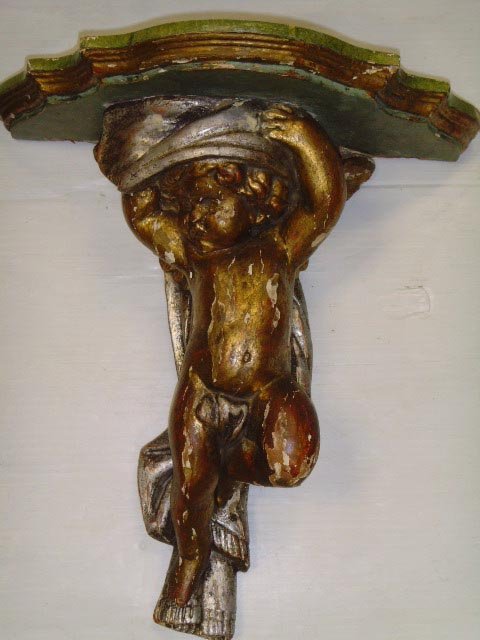 PAIR CARVED ITALIAN FIGURAL WALL BRACKETS - PUTTI - 2