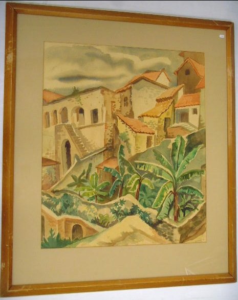 Bertram Goodman signed Watercolor: Mexican Villiage Scene 24 x 20 dated '37
