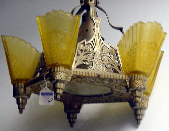 ORNATE ART DECO 6 LIGHT FIXTURE ADJUSTABLE: 31 X 18 ORIGINAL AMBER COLORED SHADES INCLUDING RARE BOTTOM PANEL