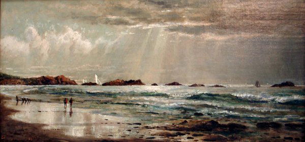 LEWIS, EDMUND DARCH SIGNED OIL ON CANVAS: STROLLING ON THE BEACH - 20 X 10" DATED 1872 PROFESSIONALLY RELINED & RESTORED PROVENANCE: A PROMINENT ESTATE IN BRIELLE, NJ FRAMED, SIGNED LOWER LEFT REFRAMED POSSIBLY EARLY 20TH C.