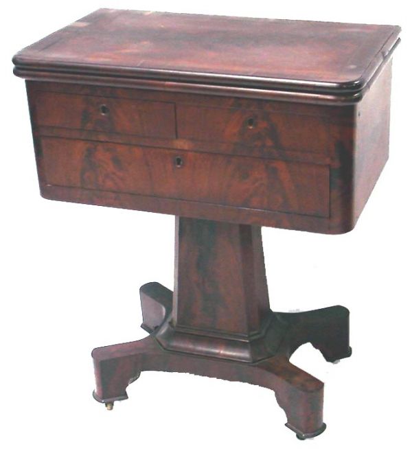MAHOGANY AMERICAN EMPIRE WORK GAME TABLE: POSSIBLY DUNCAN PHYFE 25 X 15 29" STRONG FLAME GRAIN FOLDING TOP