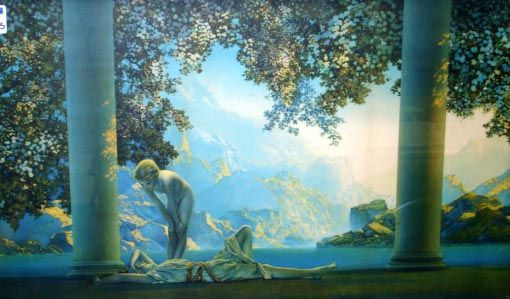MAXFIELD PARRISH PRINT - DAYBREAK 18 X 30": clean w/ nice original frame