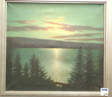 AMERICAN SCHOOL 20 X 18 OIL ON CANVAS -: NEW ENGLAND LAKE UNSIGNED CA. 1940'S