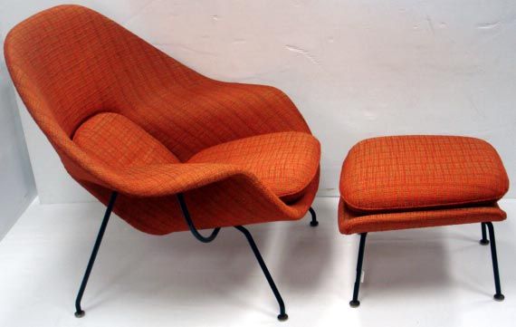 SAARINAN KNOLL VINTAGE WOMB CHAIR WITH STOOL: GREAT EARLY EXAMPLE WITH ORIGINAL LABEL. UNTOUCHED ORIGINAL