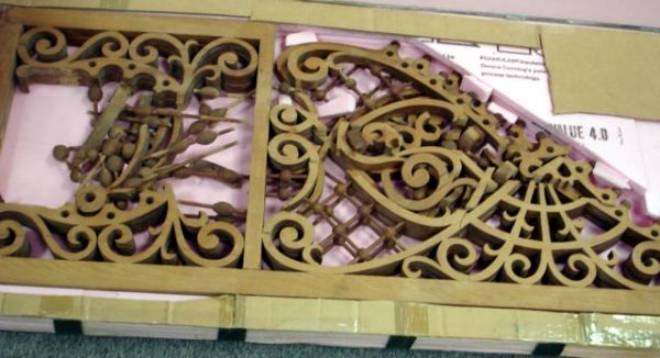 ORNATE VICTORIAN STICK AND BALL FRETWORK ARCH: DISASSEMBLED AND PACKED FOR SHIPPING - BUYING AS IS - STRIPPED WALNUT - 2 IDENTICAL SECTIONS - 54 X 20"