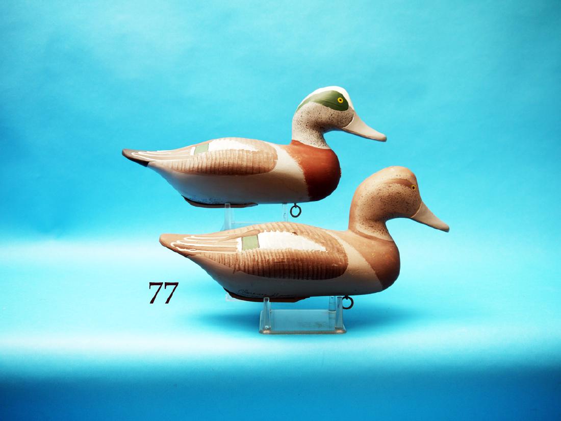 RARE PAIR OF WIDGEON by Clarence “Titmouse” Bauer,: RARE PAIR OF WIDGEON by Clarence “Titmouse” Bauer, Have de Grace, MD. Excellent original paint and unused condition. Gunning pair with dog bone bottom weight. Nice painted feather work on backs in
