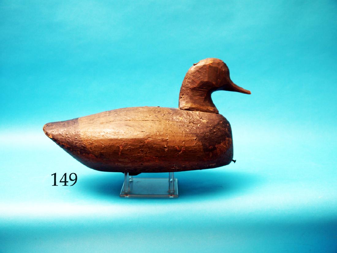 VERY EARLY BLUEBILL DRAKE by Stant White, Churches: VERY EARLY BLUEBILL DRAKE by Stant White, Churches Island, NC, circa 1910. Large battery bird in very old working paint and sound structural condition with some checks, chips and dents. Lead ballast. 