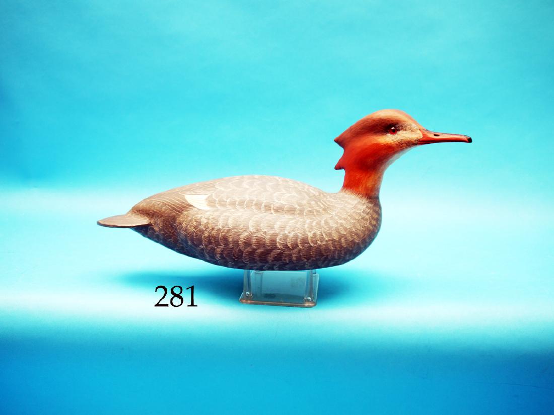 RED-BREAST MERGANSER HEN by Gary Stoller, Glovesville,: RED-BREAST MERGANSER HEN by Gary Stoller, Glovesville, NY. Excellent original paint and unused condition. Competition model with very fine painted feather work. Head carved upward and to the right. Si