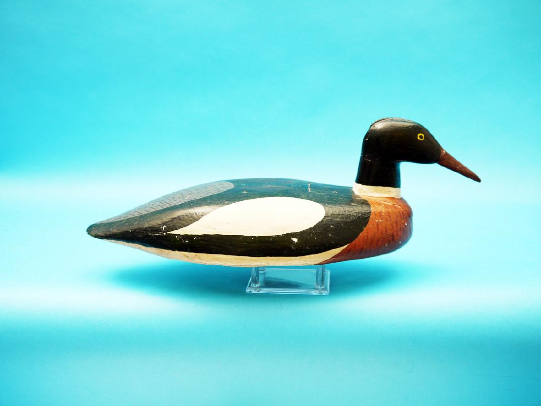 EARLY RED-BREAST MERGANSER DRAKE by Capt. Thomas: EARLY RED-BREAST MERGANSER DRAKE by Capt. Thomas Olson, Bar Harbor, ME, circa 1880. Old working paint and good structural condition with possible bill repair. Inlet head and horseshoe weight. Stamped