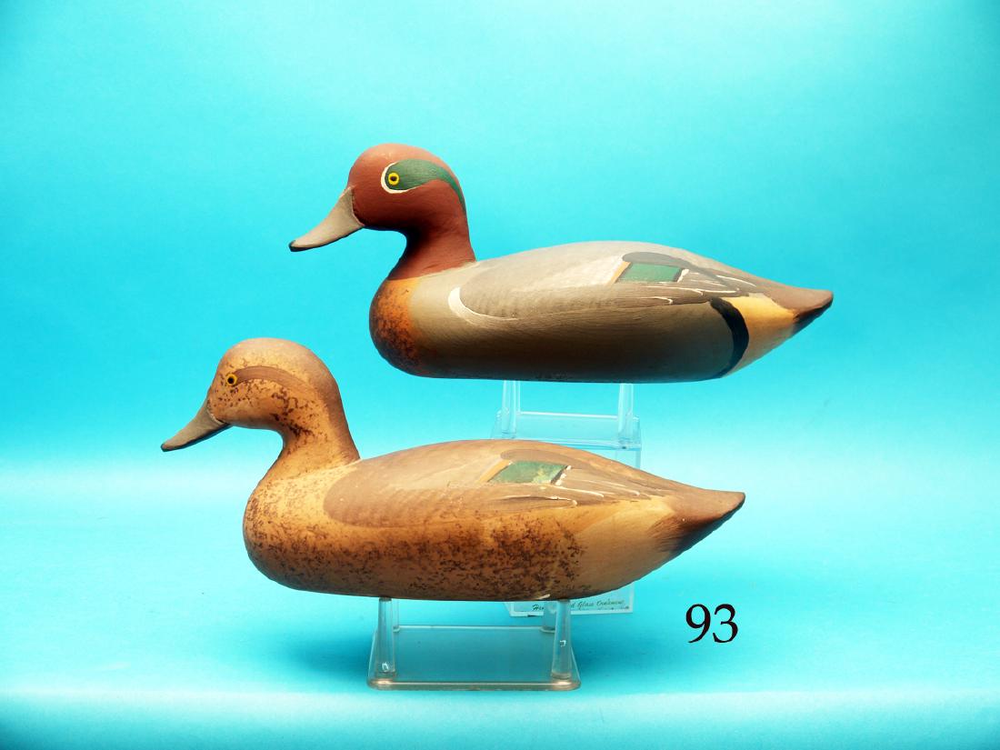 VERY FINE PAIR OF GREEN WING TEAL by R. Madison: VERY FINE PAIR OF GREEN WING TEAL by R. Madison Mitchell, Havre de Grace, MD. Original paint and very good structural condition. Paint blemish on sides of both. Both with flat bottoms, referred to as 