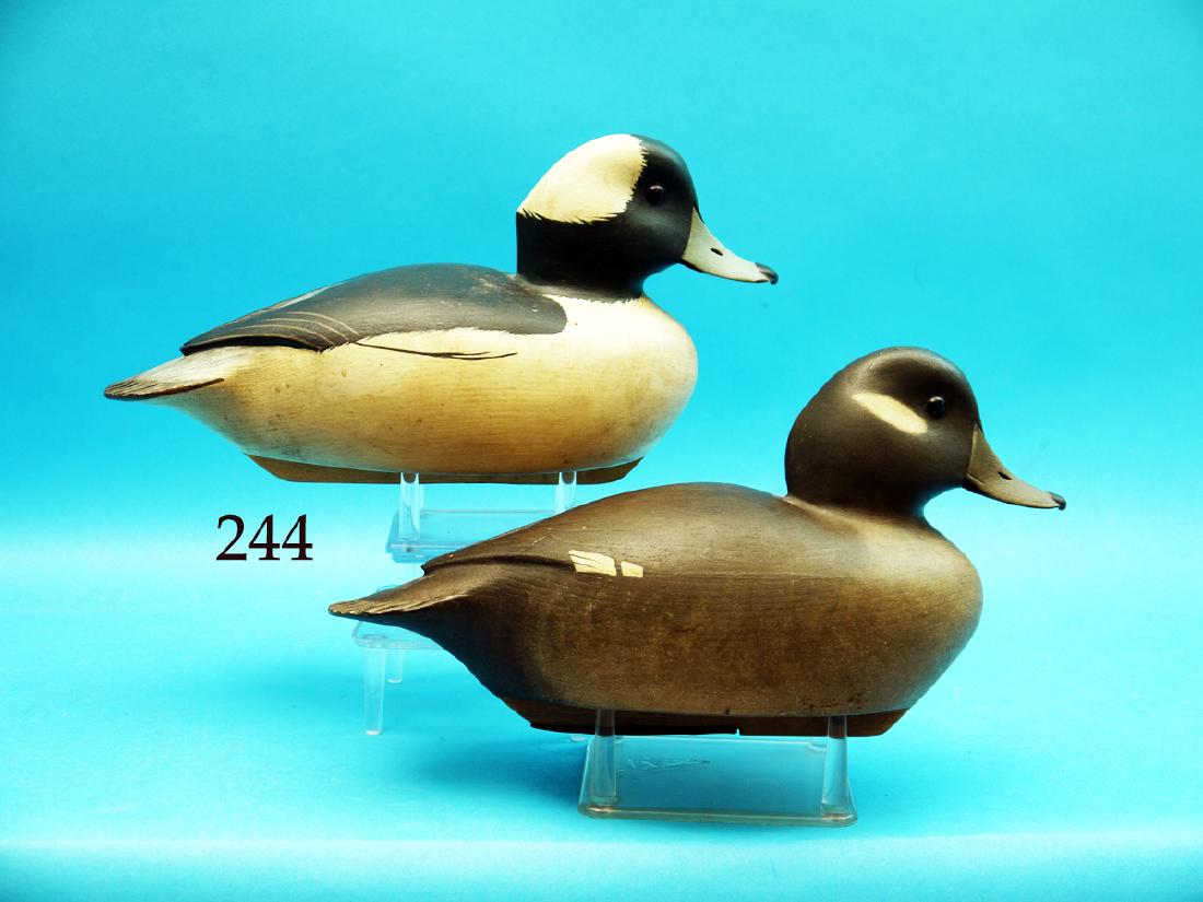 PAIR OF BUFFLEHEADS by Charlie Kovacs, Roebling, NJ.: PAIR OF BUFFLEHEADS by Charlie Kovacs, Roebling, NJ. Both in very good original paint and condition. Both hollow with raised wing tips and fluted tails. Both retain keels. Both branded KOVACS. Excelle